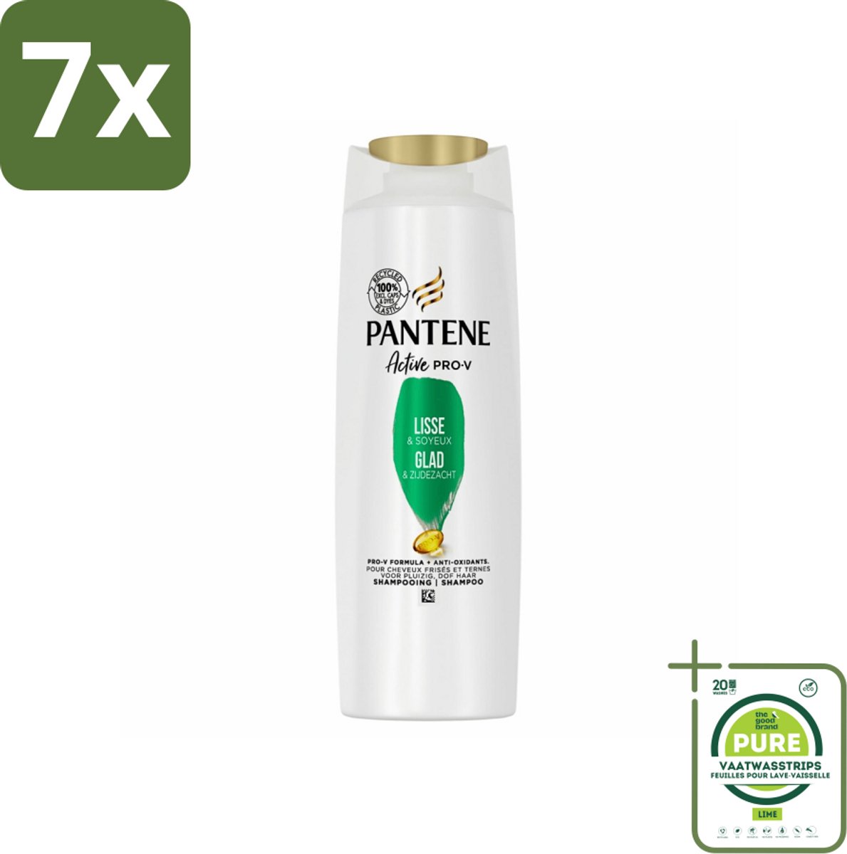 7 x Pantene - Shampoo - Glad & Zijdezacht - Voedt en Versterkt - Voor Pluizig Haar - 225 ml - Grootverpakking - Pantene Shampoo - Pluizig Haar - Zijdezacht Haar - Voeding Haar - Versterking Haar