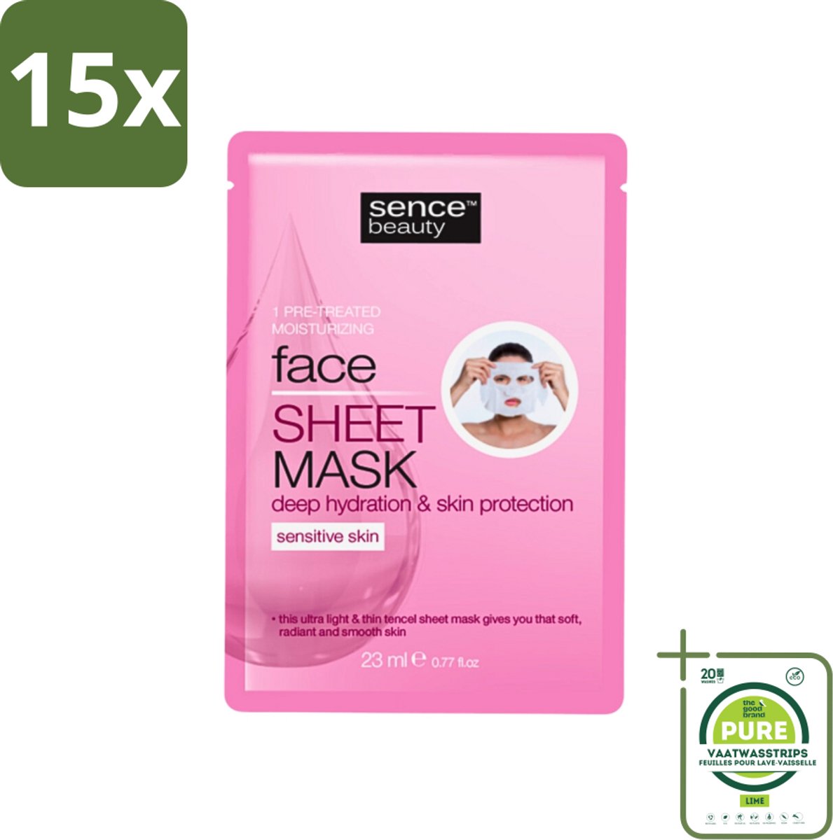 15 x Sence - Tencel - Gezichtsmasker - Hydraterend - 1 Gezichtsmasker - Grootverpakking - Gezichtsmasker - Hydraterend Masker - Tencel Masker - Hyaluronzuur Masker - Stralende Huid