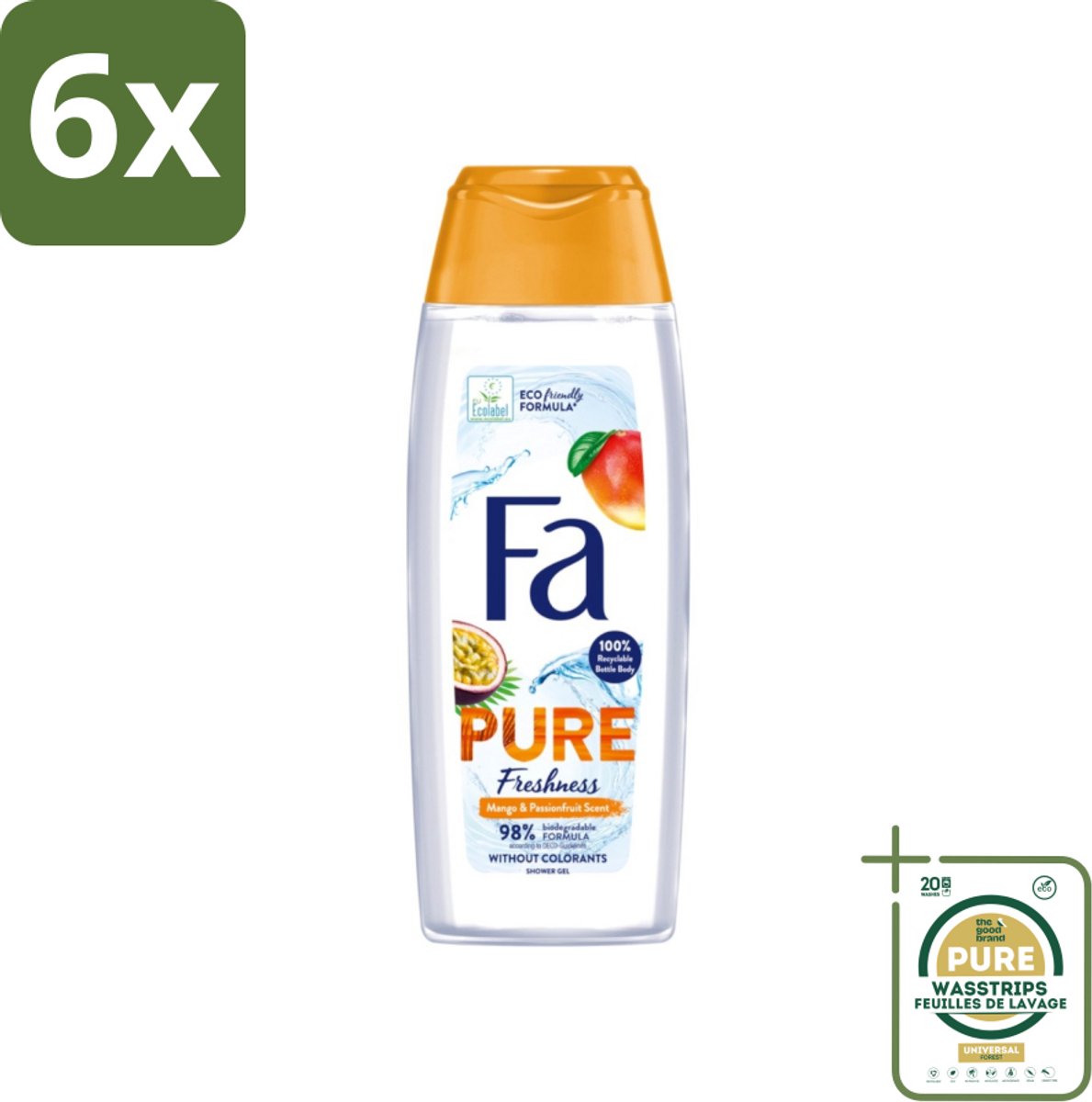 Fa - Douchegel - Pure Freshness Mango & Passievrucht - Verfrissend & Zoet - Hydraterend - 250 ml - Voordeelverpakking - 6 stuks - Hydraterende douchegel - Tropische geur