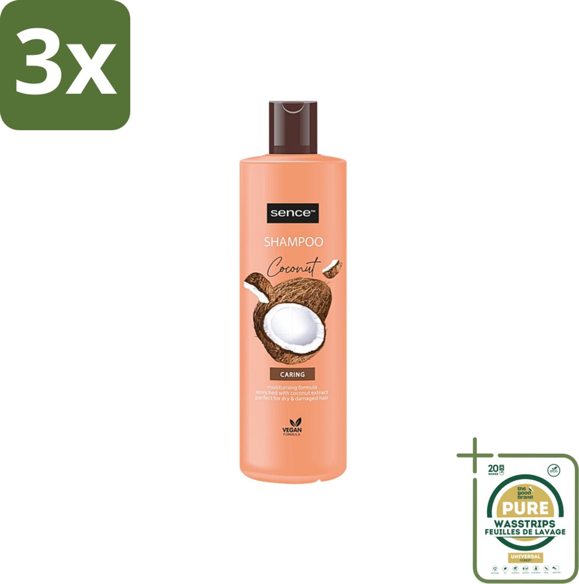 3 x Sence - Coconut - Shampoo - Verzorgend - 400 ml - Voordeelverpakking - Grootverpakking - Kokos Shampoo - Droog Haar Shampoo - Beschadigd Haar Shampoo - Glanzend Haar - Gezond Haar