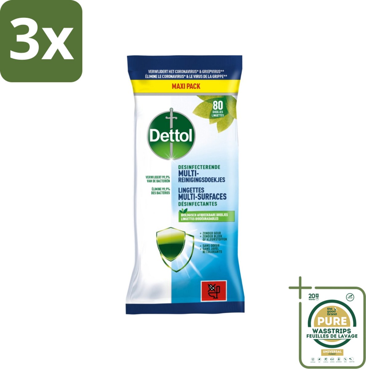3 x Dettol - Multi-Reinigingsdoekjes - Desinfecterend - Zonder Bleek & Geurstoffen - Biologisch Afbreekbaar - 80 Doekjes - Grootverpakking - Reinigingsdoekjes - Keukenvet Verwijderen - Hygiëne - Vuil Verwijderen - Desinfecterend