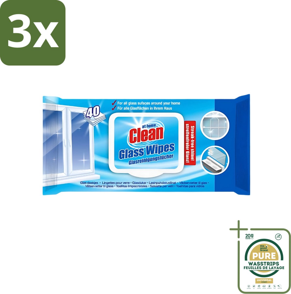 3 x At Home - Clean - Glas Reinigingsdoekjes - Reinigt Streepvrij - 40 Doekjes - Grootverpakking - Reinigingsdoekjes Glas - Streepvrij Reinigen - Glas Reinigen - Ruiten Reinigen - Spiegels Reinigen