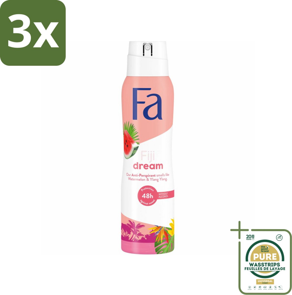 3 x Fa Deodorant Spray Fiji Dream 150 ml - Grootverpakking - Deospray - Anti-transpirant - 48 Uur Bescherming - Watermeloen - Ylang Ylang