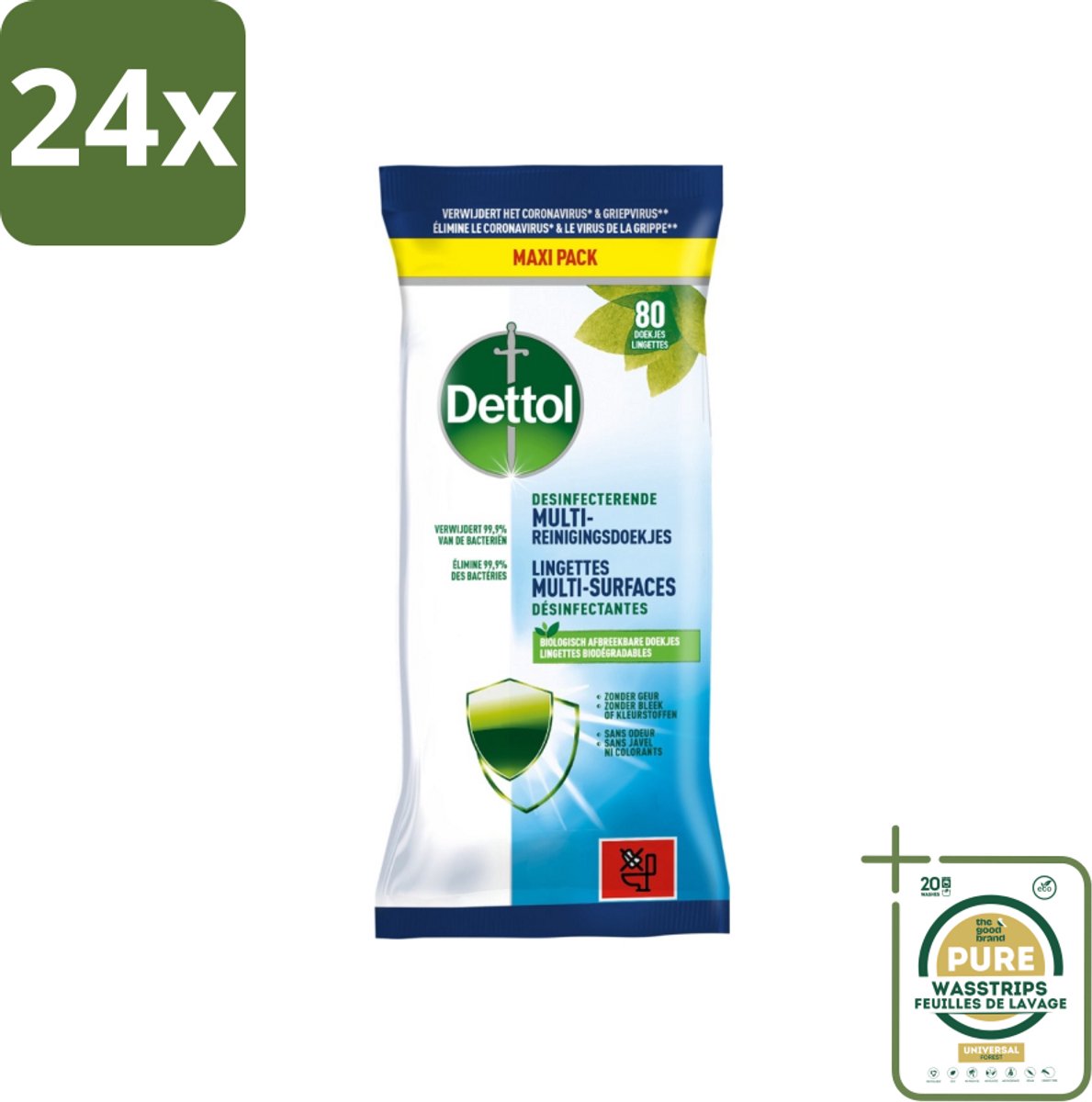 Dettol - Multi-Reinigingsdoekjes - Desinfecterend - Zonder Bleek & Geurstoffen - Biologisch Afbreekbaar - 80 Doekjes - Voordeelverpakking - 24 stuks - Reinigingsdoekjes - Keukenvet verwijderen