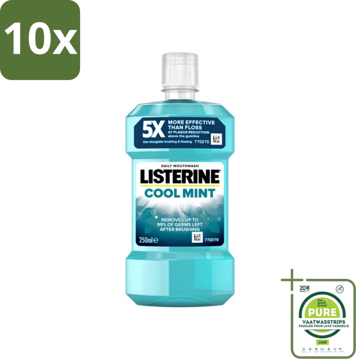 10 x Listerine - Mondwater - Cool Mint - 250 ml - Grootverpakking - Mondspoeling - Mondverzorging - Frisse Adem - Tandplak - Gezond Tandvlees