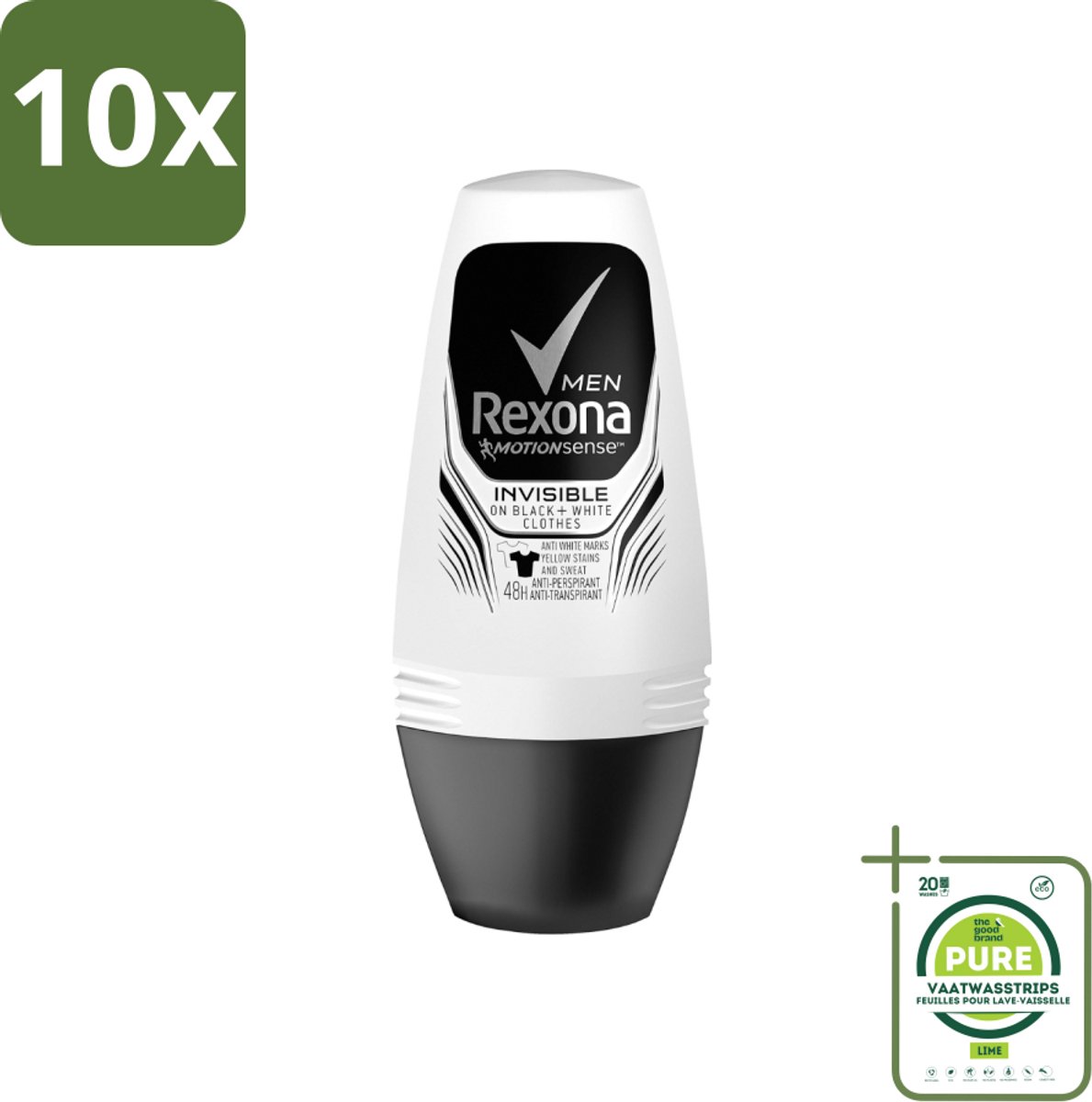 10 x Rexona Men - Invisible On Black & White - Deo Roller - 50 ml - Grootverpakking - Deodorant Voor Mannen - Zweetbescherming - Vlekkenbescherming - Roll-on Deodorant - Frisheid
