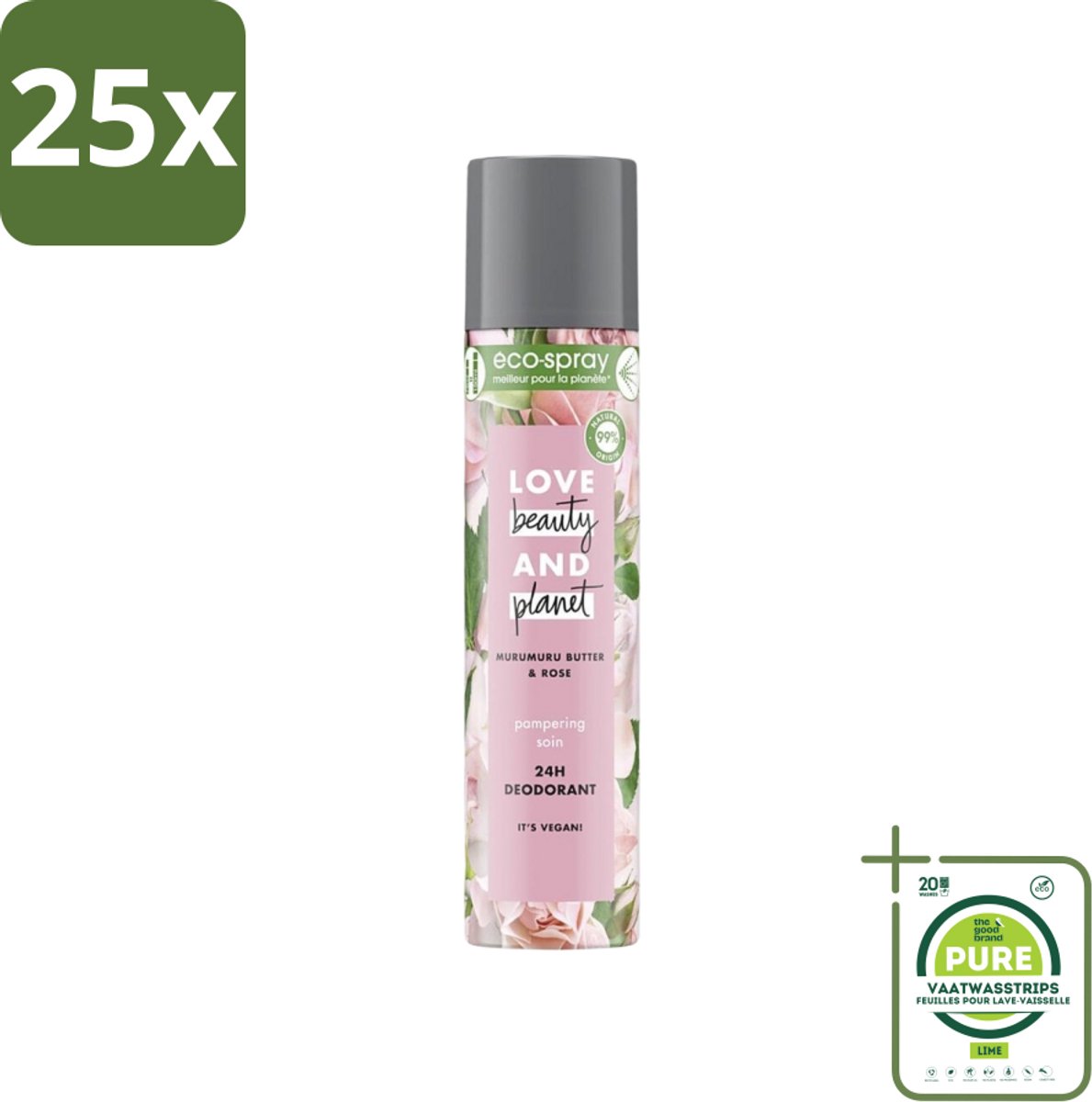 25 x Love Beauty and Planet - Deospray - Murumuru Butter & Rose - 75 ml - Grootverpakking - Deospray - Murumuru Boter - Roze Geur - Vegan Deodorant - Natuurlijke Deodorant