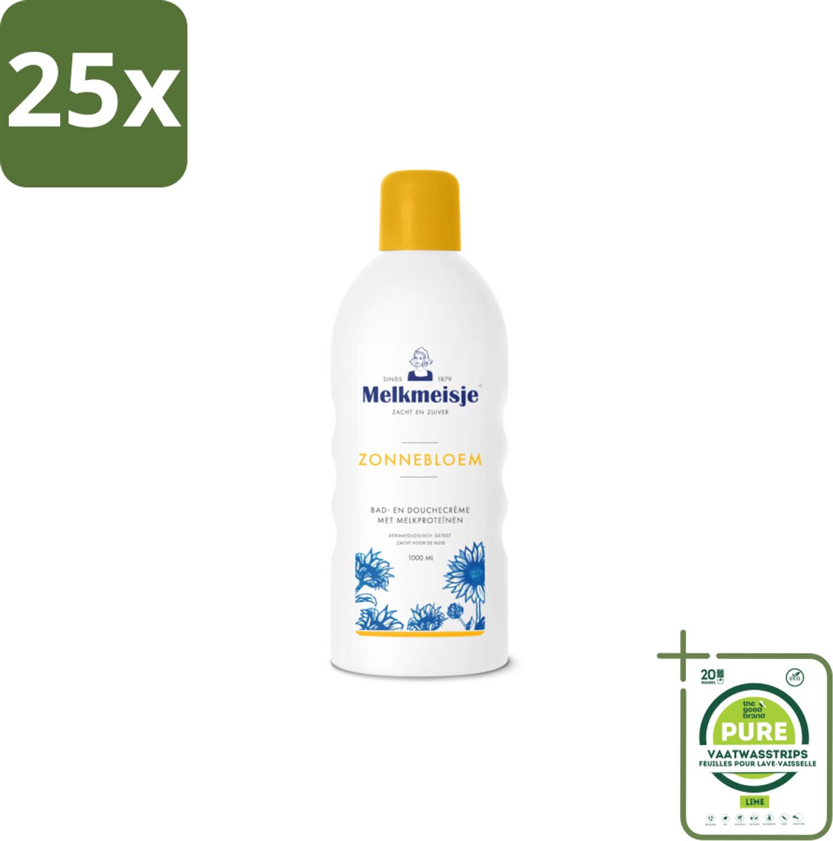 25 x Melkmeisje Bad en Douche Crème Zonnebloem en Melk 1000 ml - Grootverpakking - Douchecrème - Melkmeisje - Zonnebloem - Melkproteïnen - Huidverzorging