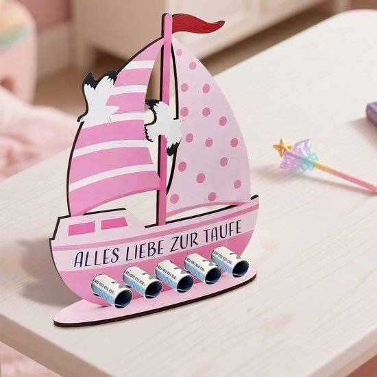 Houten boot als doopcadeau voor meisjes, roze, 19 x 16 cm, uniek doopgeschenk, persoonlijk cadeau, geldcadeau voor doop — afbeelding 5