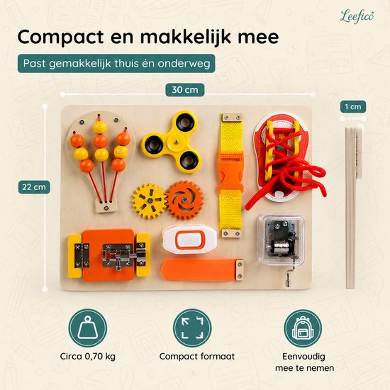 Leefico Houten Busy Board Oranje - Montessori Activiteitenbord Sensorisch Educatief Speelgoed - Baby Peuter Activiteitenboek Reisspeelgoed - Speelgoed 1 jaar - Speelgoed 2 Jaar van Leefico — afbeelding 5