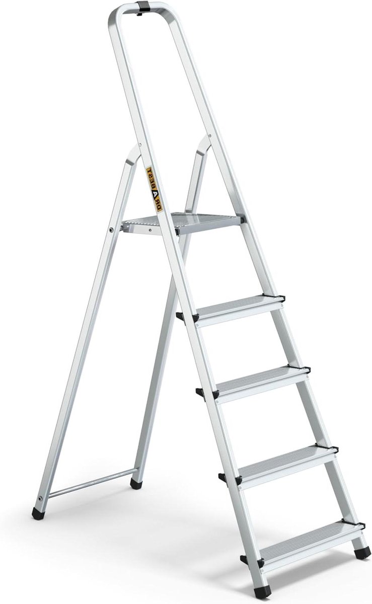 Huishoudladder Aluminium - Trapladder Veiligheidsrail - Huishoudelijke Taken - Werkplatform Met Emmerhaak - 5 Treden 1.68m - Zilver