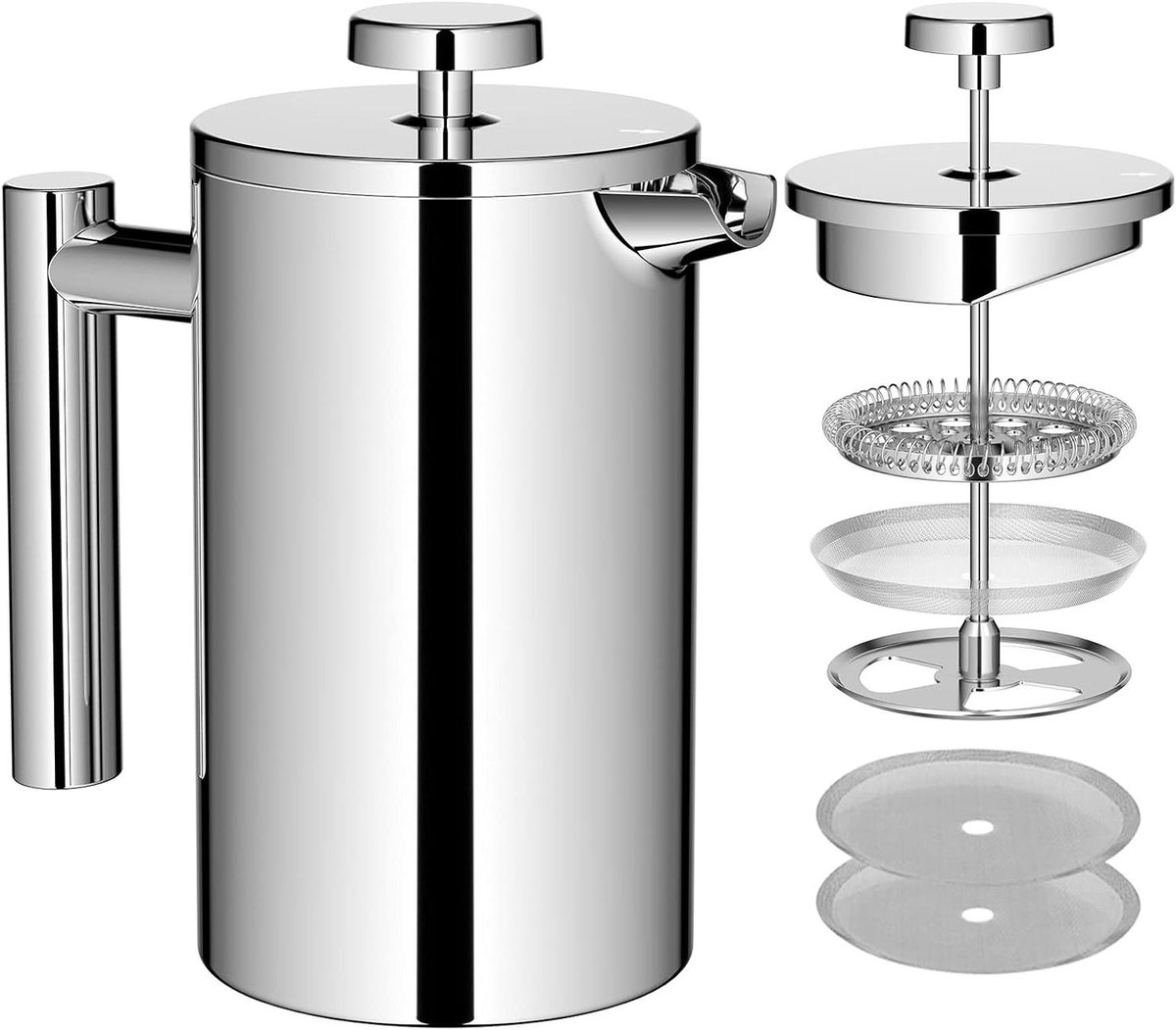 Koffiemaker French Press - Koffiezetapparaat - Verse Koffie Maken - Dubbelwandig RVS - 06 Liter - Zilver