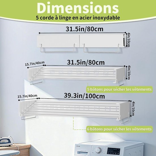 Wanddroogrek - Opvouwbaar rek - Kleding Drogen - Ruimtebesparend Ontwerp - 80 cm Breed - Wit — afbeelding 5