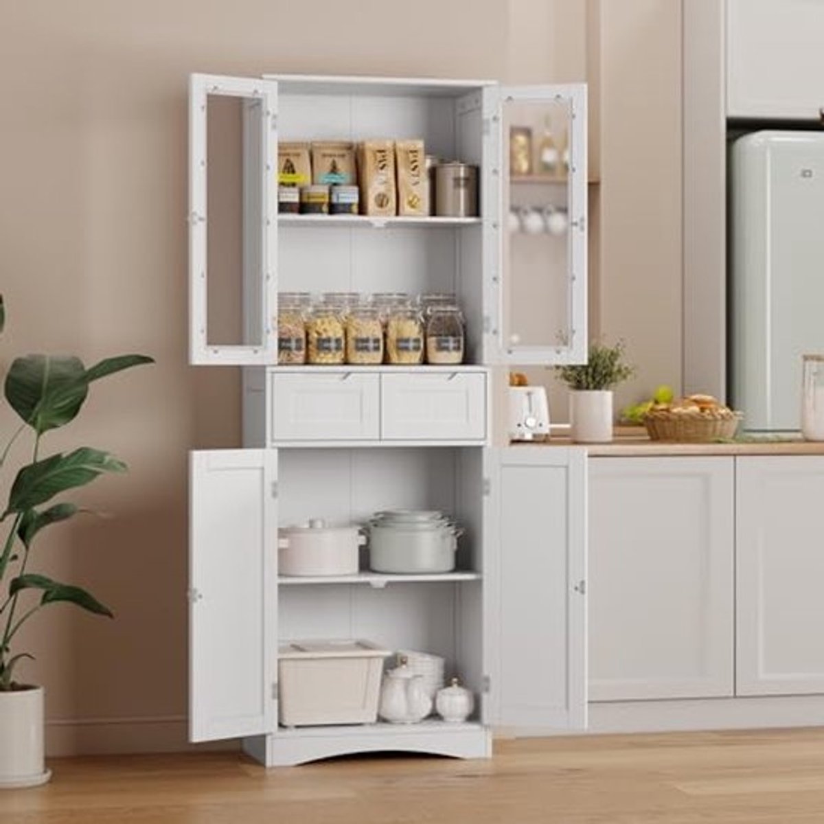 Keukenkast met 2 kasten en 2 laden – Houten voorraadkast voor keuken, woonkamer, eetkamer en washuis (wit)
