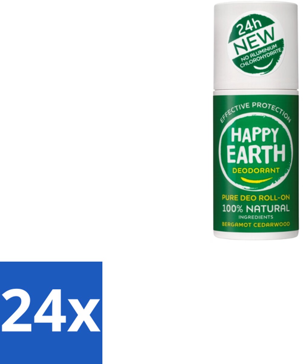 Happy Earth – Deodorant Roll-On – 100% Natuurlijk Bergamot Cedarwood – 75 ml - Voordeelverpakking - 24 stuks