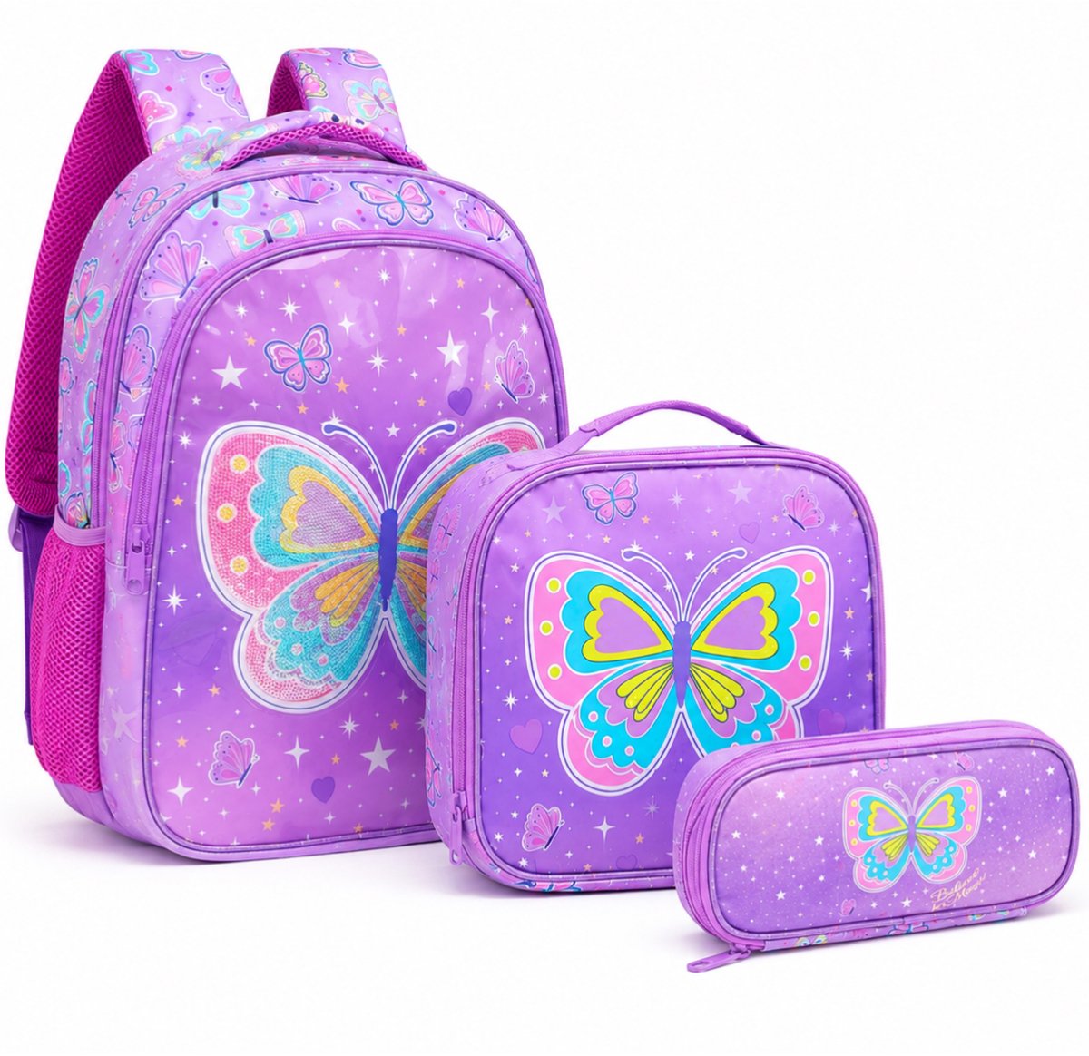 Ultiluxe® Rugzak met lunchtas en etui met vlinderprint - Kinderrugzak voor school - Basisschool - Schooltas voor meisjes - 40 x 30 x 15 cm - Geïsoleerde lunchtas - 18 L - Schooltassen set - 3-delige set - Rugtas voor meiden - Roze/lila/paars