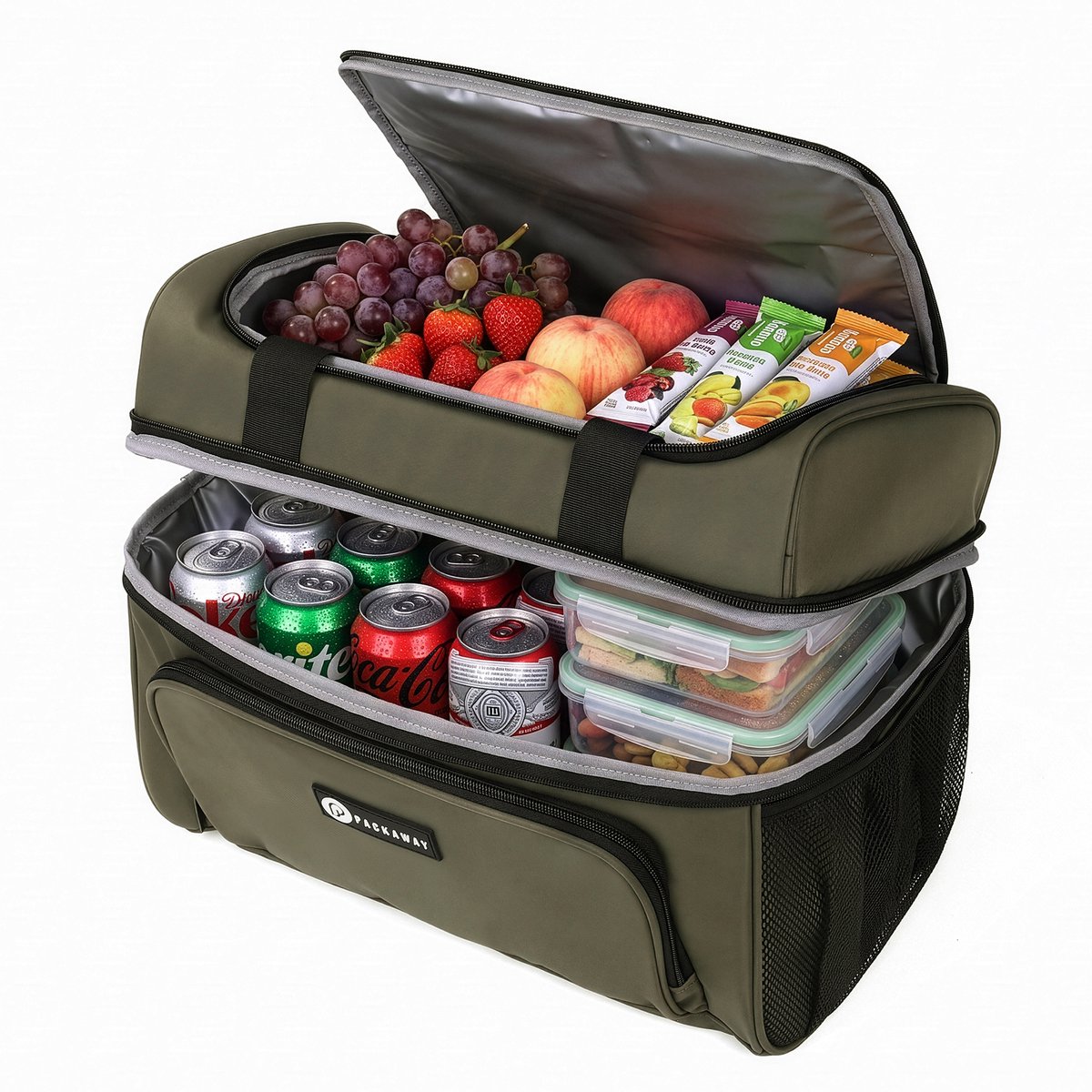 Packaway Koeltas 30L - Lunchtas - Inclusief 4 Koelelementen - Dubbel Compartiment - 4-Laags Geïsoleerd - Waterafstotend - Olive Green — cadeau in Sport & Outdoor - foto 2
