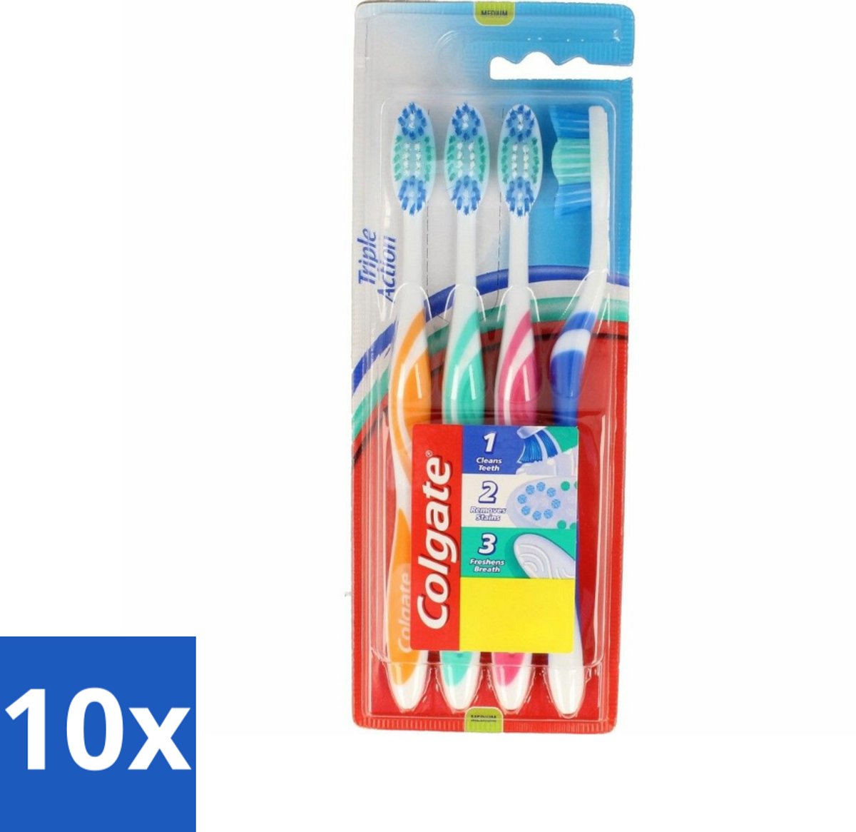 10 x Colgate - Tandenborstels - Triple Action - Medium - 4 borstels - Tandenborstel - Mondhygiëne - Reiniging - Vlekverwijdering - Frisse Adem