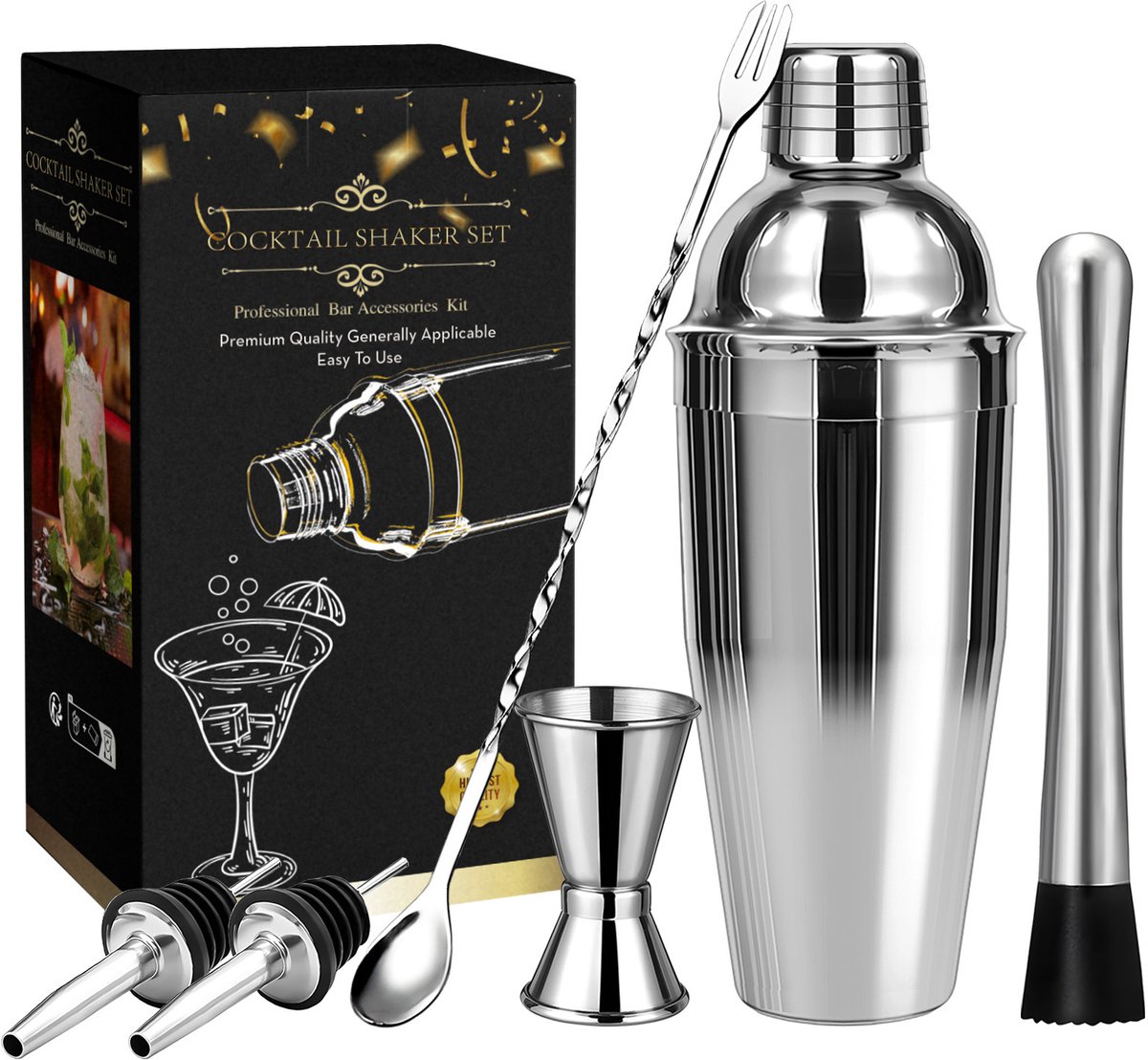 6-Delige Cocktail Shaker Set 750 ml Zilverkleurig, Professionele Boston Shaker met Strainer, Jigger en Accessoires, Complete Barshaker voor Cocktails zoals Espresso Martini en Whisky Sour, Verpakt in Kleurdoos