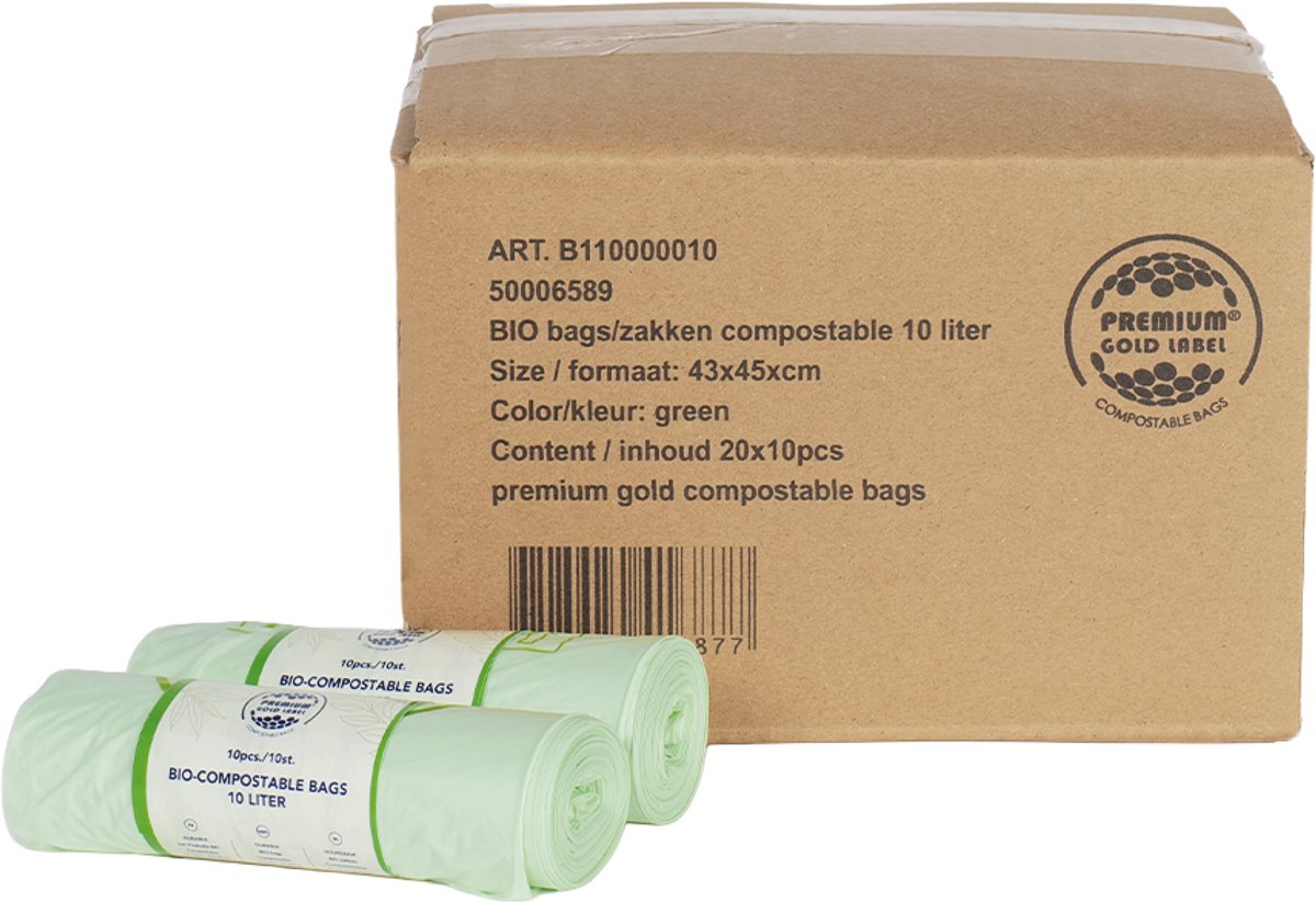 Biozakken 10 liter melkwit groen 43x45cm - Doos 20 rollen à 10 stuks