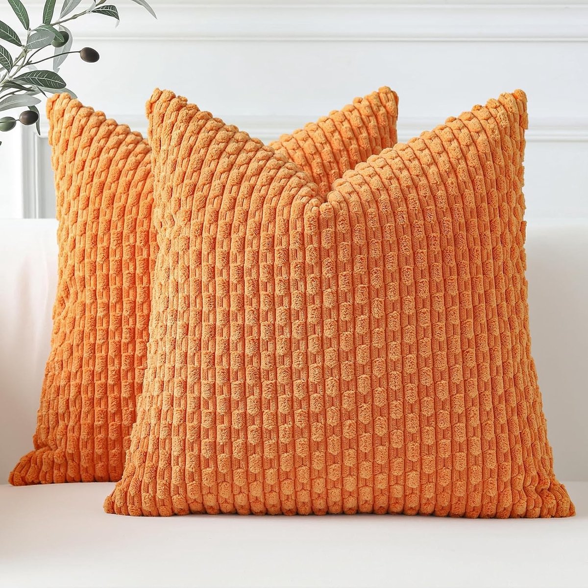 Set van 2 Oranje Zachte Corduroy Decoratieve Kussenhoezen met Boho Strepen voor Sofa en Woonkamer - 55 x 55 cm Kussens voor Landelijke Woondecoratie