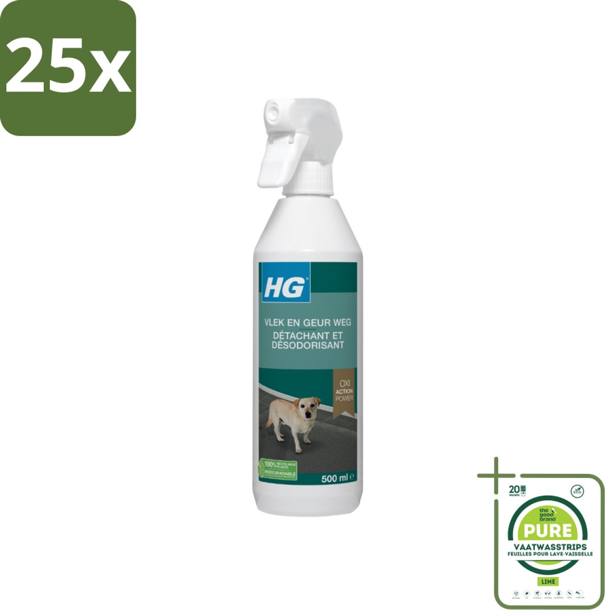 25 x HG - Vlek & Geur Weg Spray - Hond - Oxi Action Power - Hardnekkige Werking - 500 ml - Grootverpakking - Honden Vlekken - Hondengeur - Vlekkenverwijderaar - Geur Neutralisator - Tapijt Schoonmaken