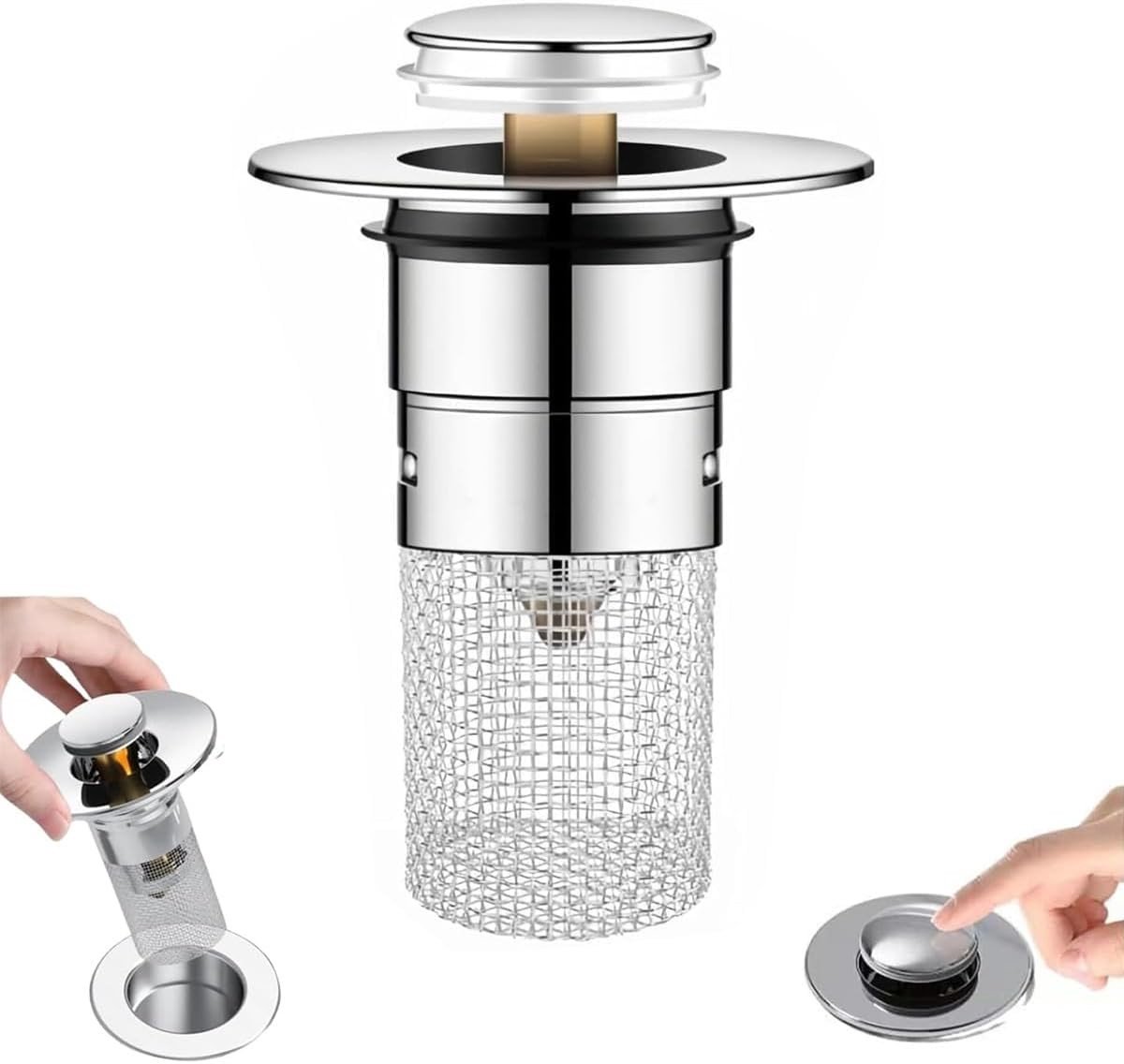 Set van 2 RVS Pop-Up Afvoerstoppen, Antiklever Strainer voor Badkamer, Keuken en Wastafel (34-40 mm)