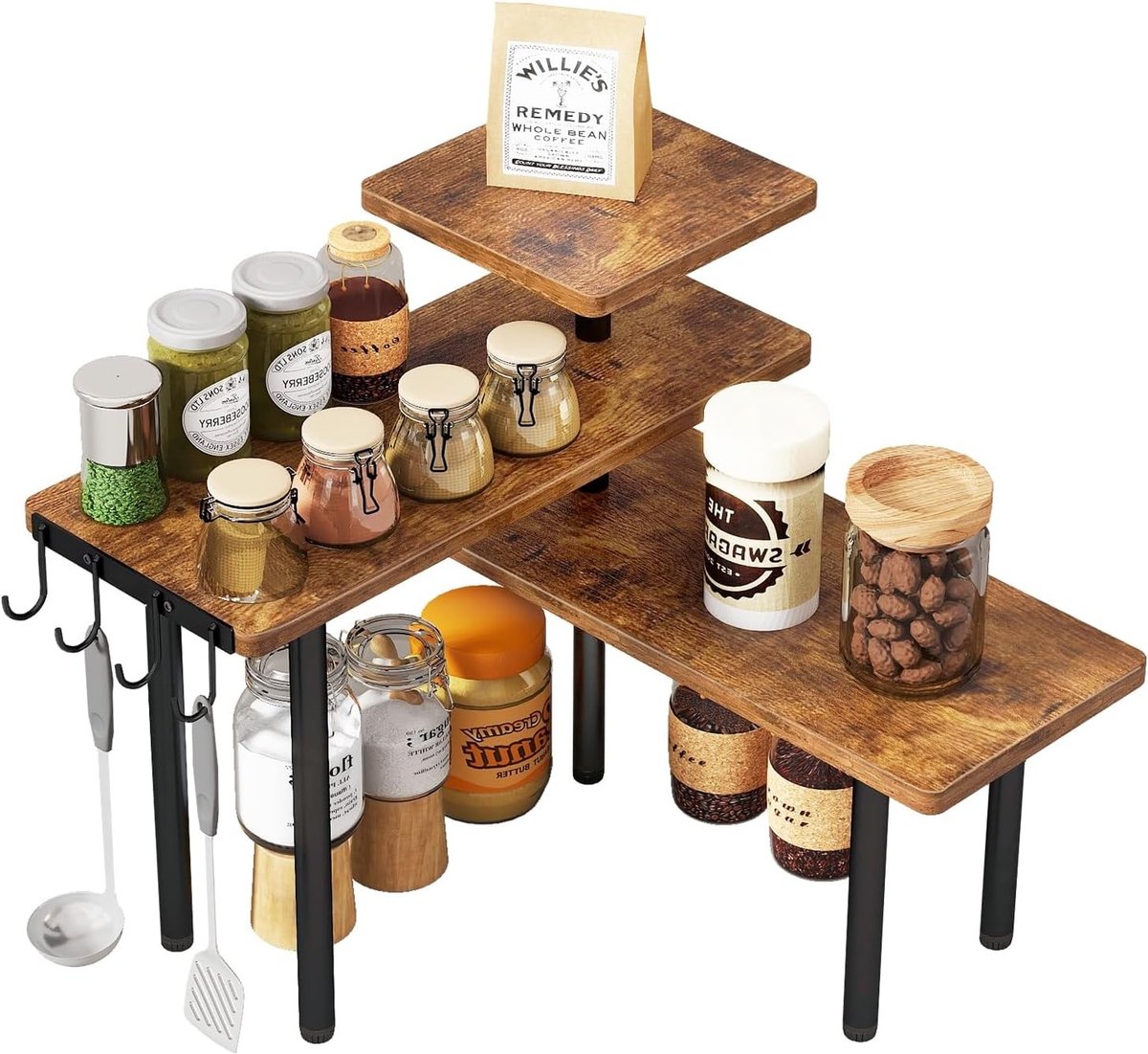 3-Tier Kruideniersrek voor Keuken - Verstelbare Hoek Plank met 4 Haakjes voor Keuken, Badkamer en Koffieshop, Rustiek Bruin