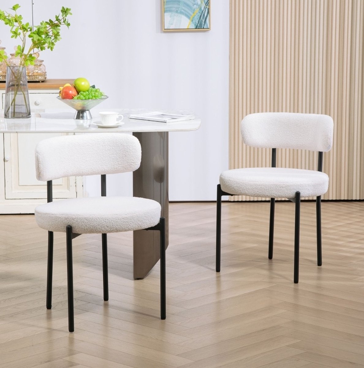 MIVRAY Eetkamerstoel 51 x 51 x 76 cm - Set Van 2 Met Zachte Fleece Bekleding En Metalen Poten - Voor Eetkamer En Woonkamer - Crèmewit