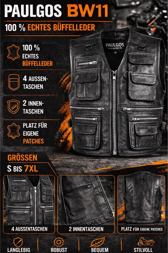Zwart Paulgos BW11 vest van 100% echt buffelleer met 4 buitenzakken, 2 binnenzakken en ruimte voor patches.