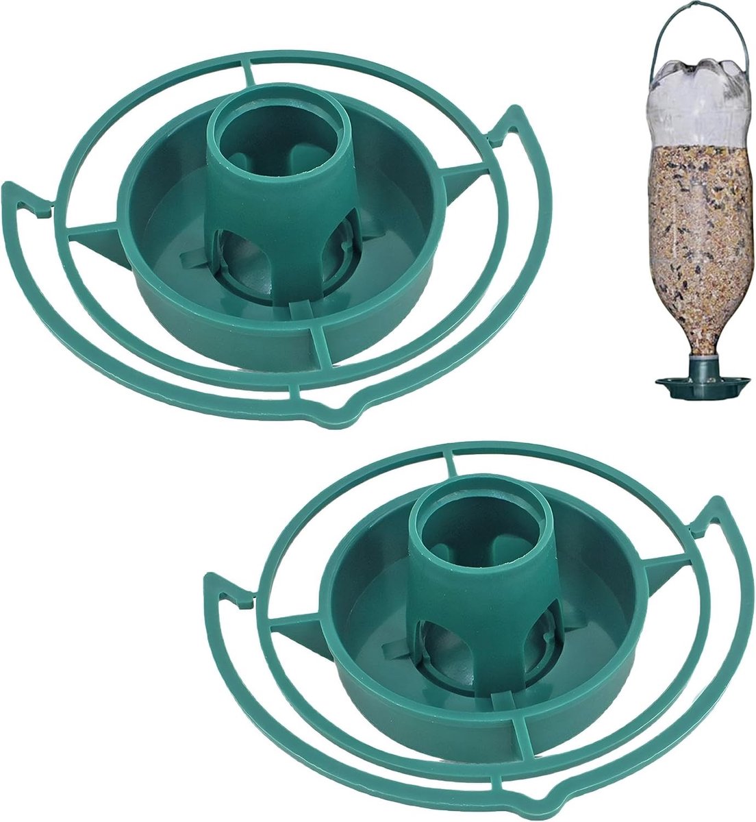 Voederstation voor Vogels met 2 Groene Plastic Voederbakken, Ideaal voor Wilde Vogels in Tuin, Patio en Balkon, Hangend Voederkolom en Dispenser