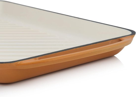 Gegoten IJzeren Pan - Grillplaat Braadpan - Vlees Vis Grillen - Geribbelde Roosteroppervlak - 39.5 cm Lengte - Oranje — afbeelding 4