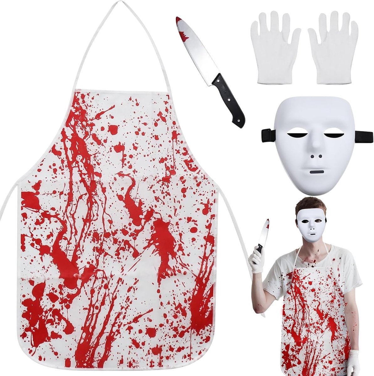 Griezelig Bloedig Slachterskostuum voor Volwassenen met Schort, Mes, Masker en Handschoenen voor Halloween Feestjes