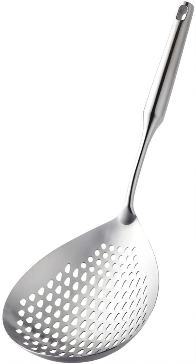 KIRA® Spatel – Keukenhulp - Schuimspaan – Hittebestendig – Voor Soepen & Frituren – Met Extra Lange Steel - Zilver - 15cm x 2cm x 38cm