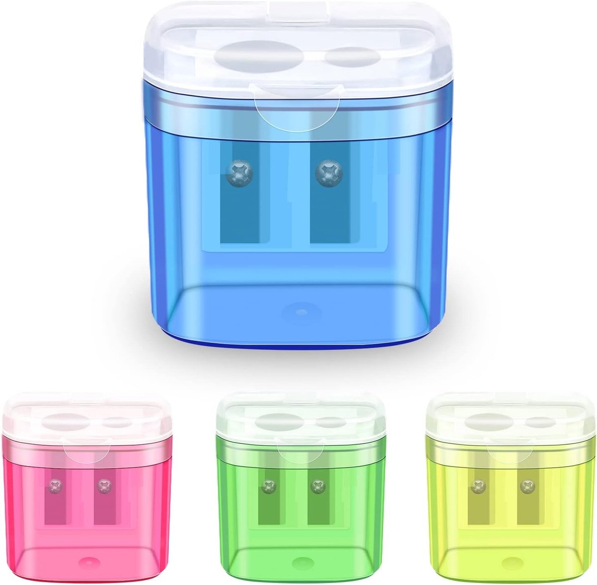 Puntenslijper met Houder - Geel - 4 x 4 x 2 cm - Dubbel Gat voor Potloden en Make-up - Voor Kinderen en Studenten