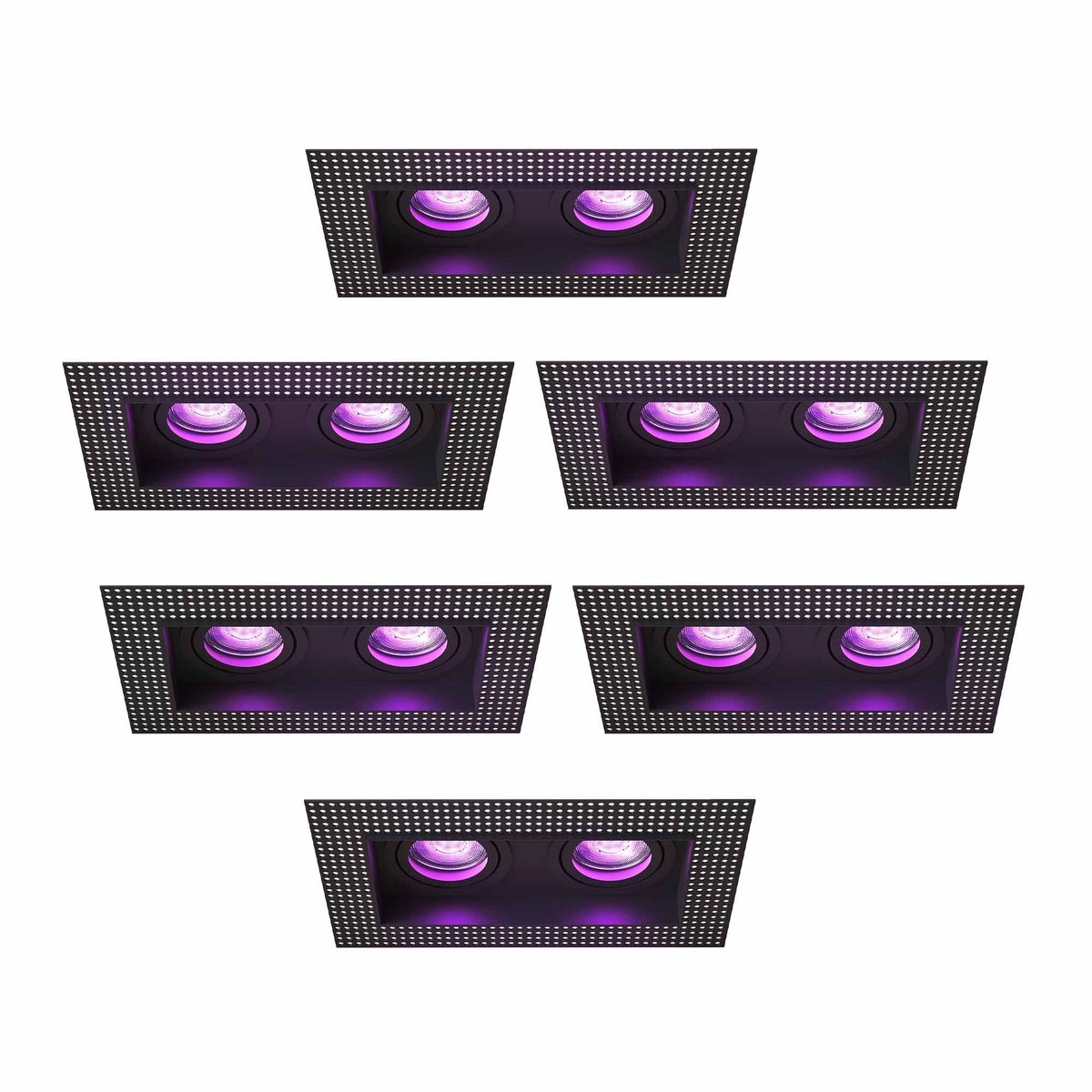 Ledvion – 6x Trimless Smart LED Inbouwspot Dubbelarmatuur 130x130mm – Zwart – Dimbaar – Kantelbaar – GU10 – RGB+CCT – 4.9W – IP20