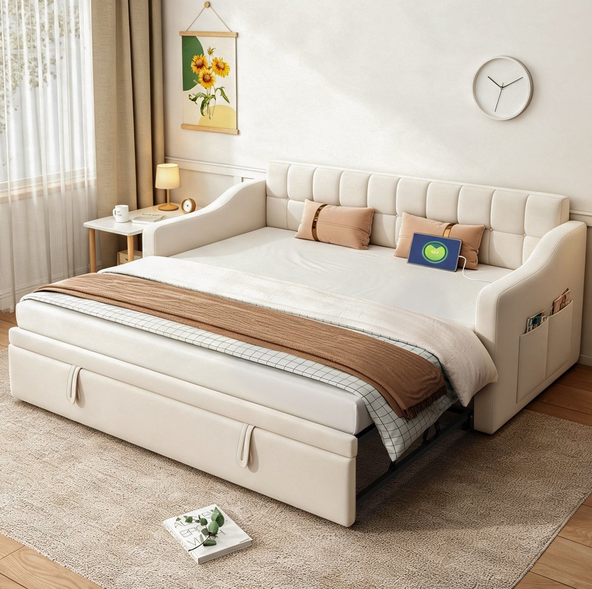 COVREO Slaapbank 207x99x80 cm beige stof, 2 in 1 met USB en lattenbodem