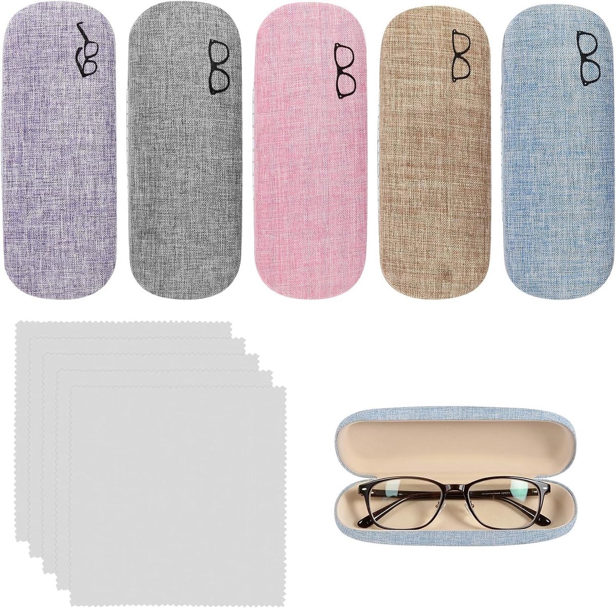 Set van 5 Draagbare Hardcase Brillenetuis, Krasbestendige Brillenbox met Schoonmaakdoek voor Zonnebrillen, Leesbrillen en Sportbrillen in 5 Kleuren