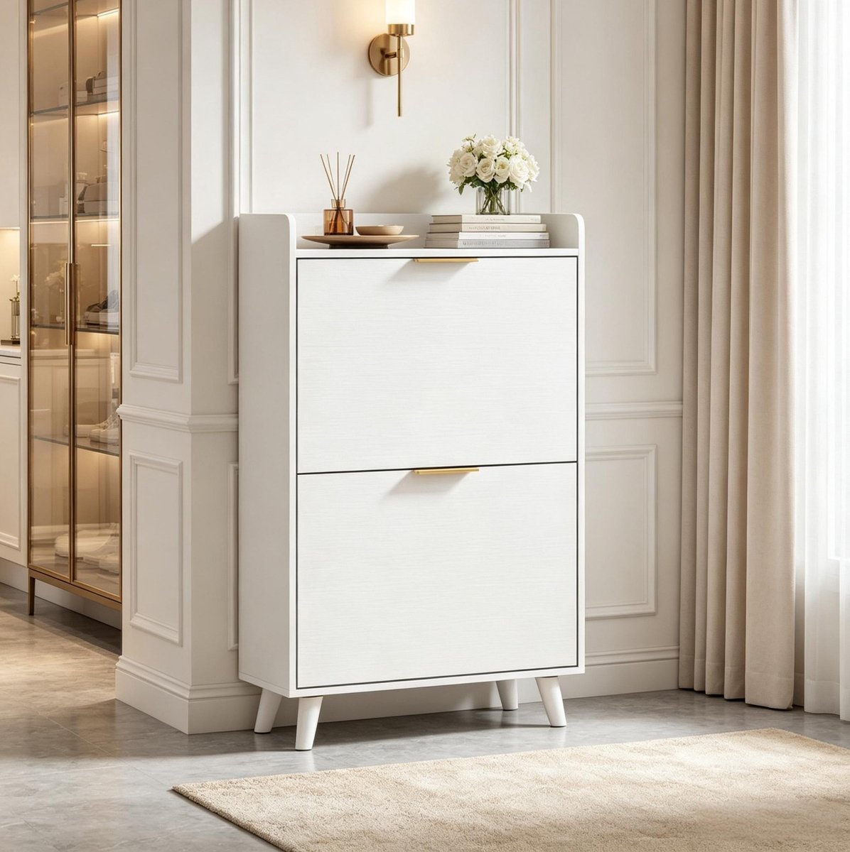 OKWISH Schoenenkast - Smal - 70 x 30 x 120 cm - 2 Kleppen - Opbergruimte Voor 8 Tot 12 Paar Schoenen - Wit - Spaanplaat En Metaal