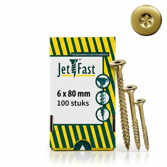 Gouden schroeven met deeldraad, 6x80mm, met Jet-Fast logo op de verpakking. 100 stuks.