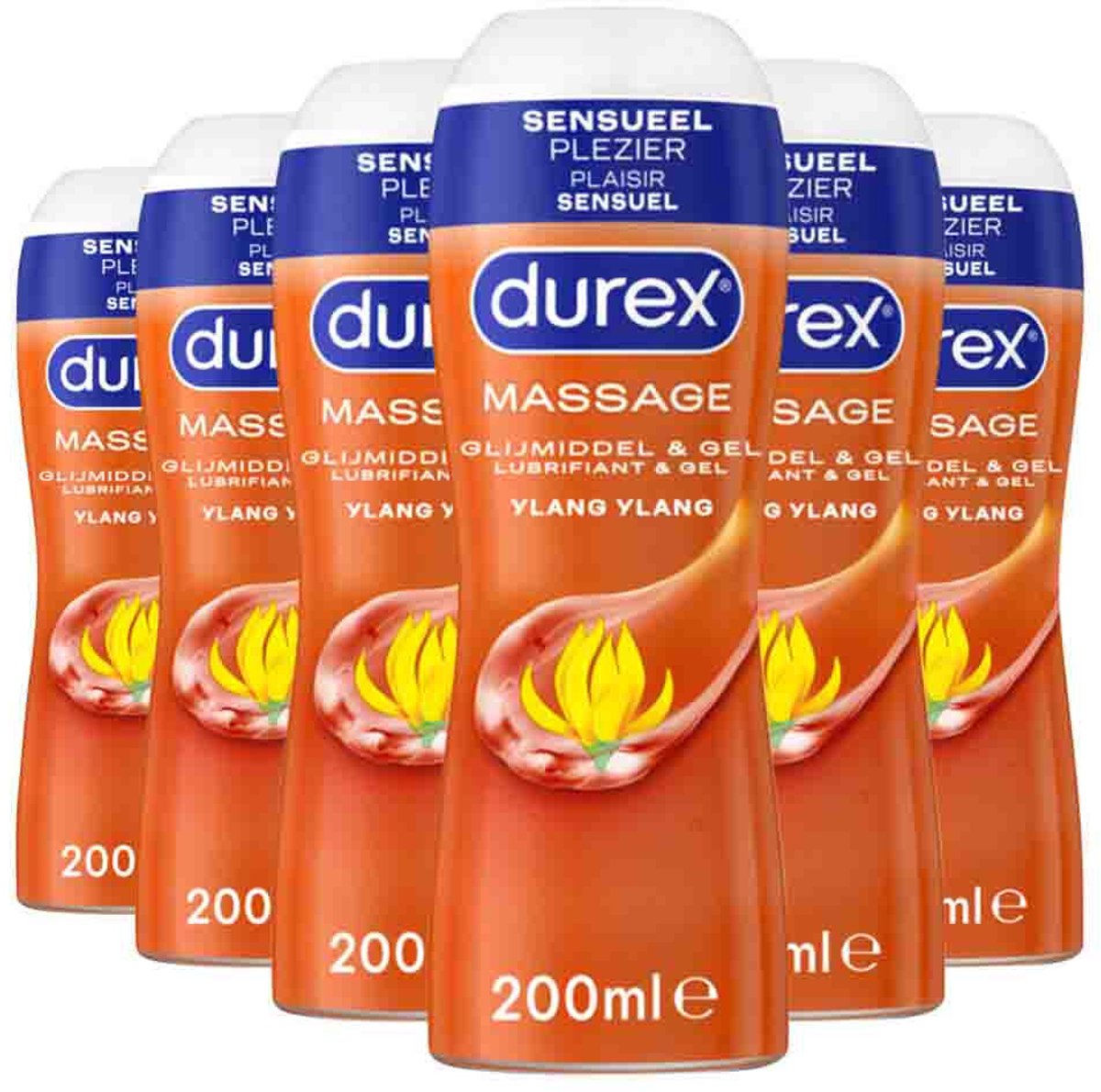 Durex - 2-In-1 Massageolie en Glijmiddel Ylang Ylang - 6 x 200 ml - Voordeelverpakking