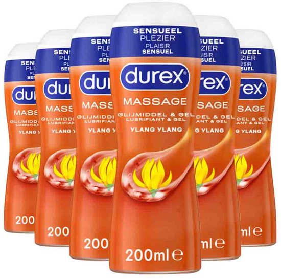Zes flessen oranje Durex 2-in-1 massagegel en glijmiddel met Ylang Ylang, elk 200 ml.