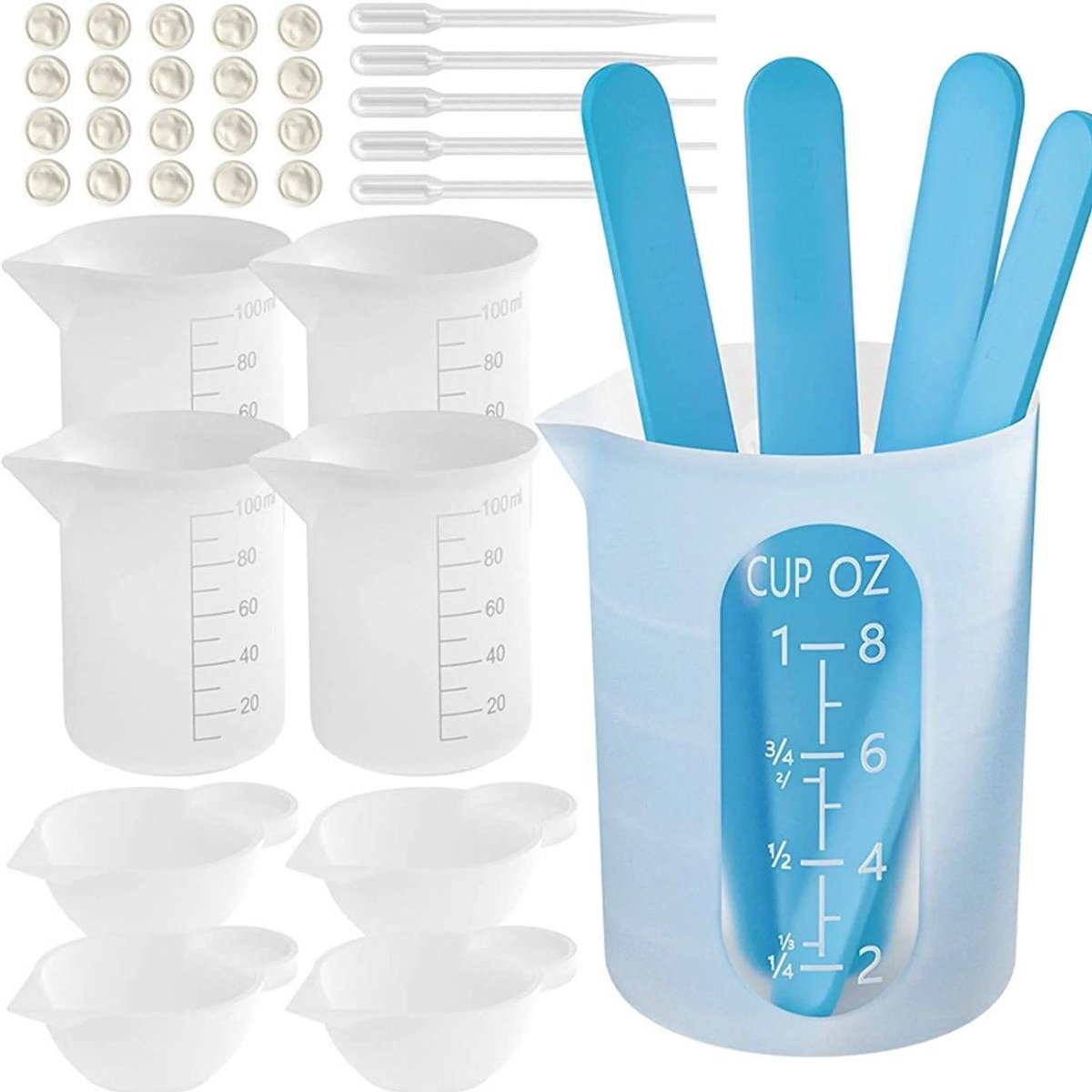 casalora - Siliconen maatbekerset voor hars - Inclusief maatbekers van 250 ml en 100 ml, roerstaafje, druppelaar, vingerhoedjes, enz - Geschikt voor het mengen van epoxyhars, het maken van sieraden, enz