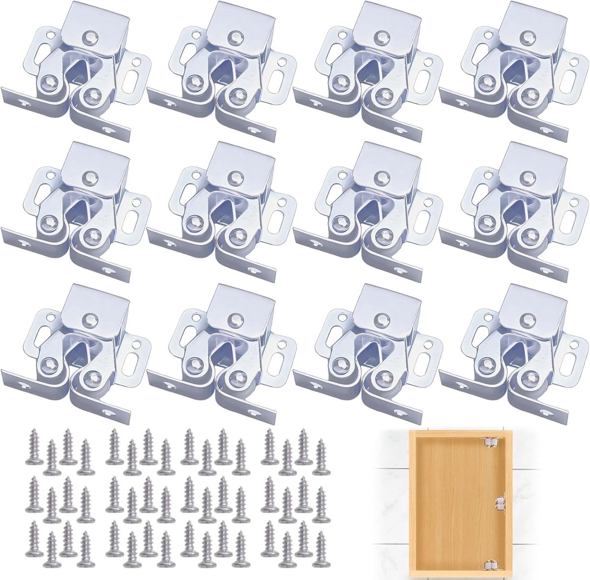 Deurrollertjes voor meubels - 12 stuks zilveren sluitclips voor kastdeuren - roestvrijstalen sluiting met schroeven - perfect voor camper, keuken en badkamer gebruik