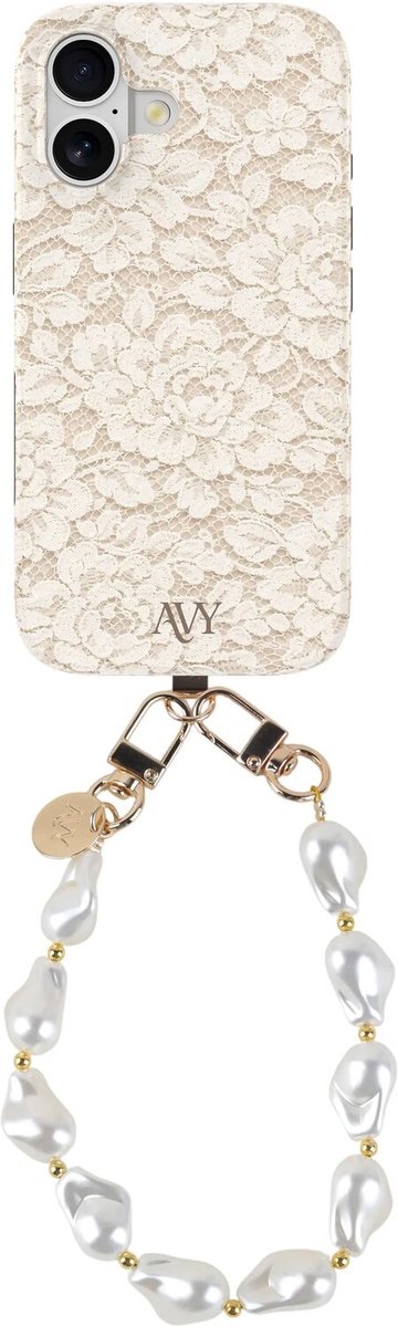 AVY Hoesje Met Telefoonkoord | Geschikt voor Apple iPhone 17 | Compatibel met MagSafe & Qi2 | Hard Shell Back Cover | Stijlvol Bijpassend Koord Polsbandje (32CM) | Vintage Lace