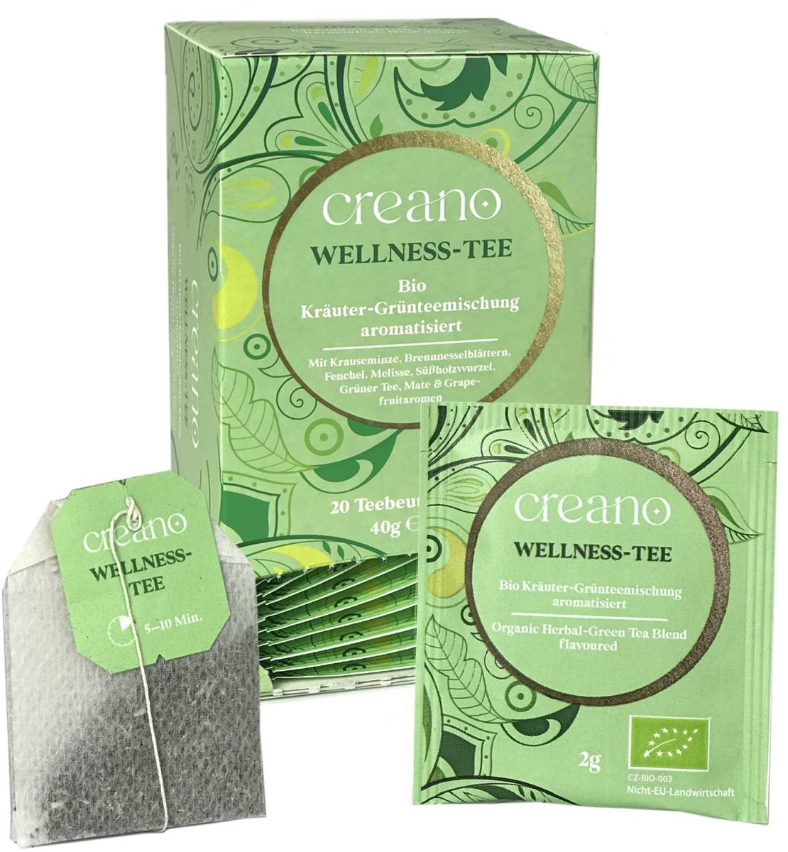 Creano biologische thee WELLNESS TEA, groene kruidentheemelange, biologisch theezakje theepakket van 3 (3x 20 zakjes) *¹