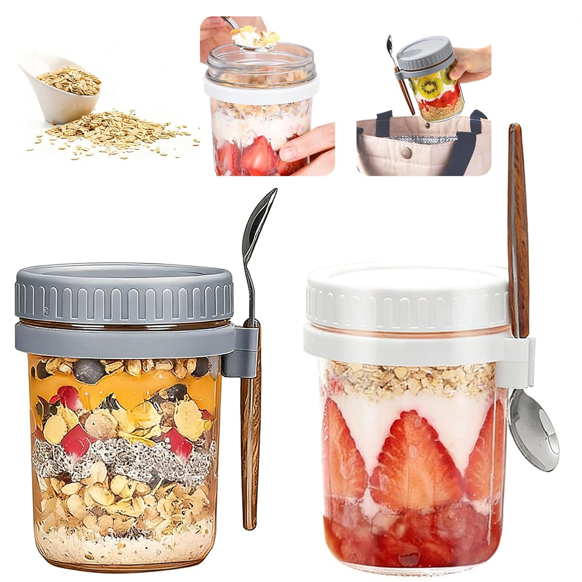 Wishdor Havermout beker to go set van 2 - Glazen pot van 350 ml met deksel en lepel - Lekvrije yoghurt beker voor ontbijt en lunch - Magnetronbestendig - Ø 8,7 x 12,2 cm — cadeau in Kookcadeaus - foto 2