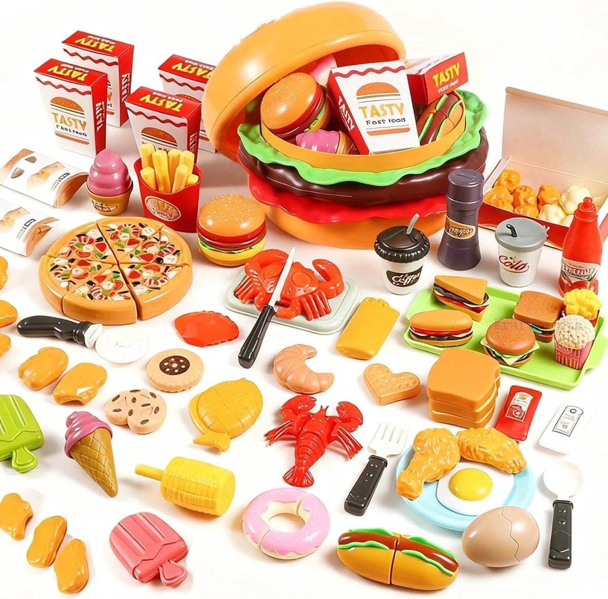 casalora - 76 stuks Alsof Keuken Speelgoed - Gigantische hamburger- en groentesnijset - Inclusief pizza-, groente- en fastfoodaccessoires - Montessori Speelgoed - Geschikt Vanaf 3 Jaar