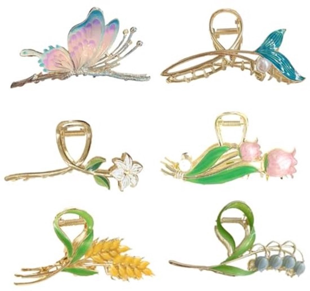 6 Delige Haarspelden Set met Bloem, Vlinder en Visstaart Design