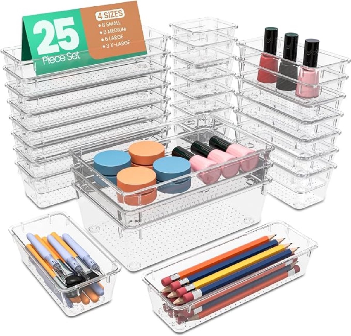 Transparante lade organizer trays 25 delig - Opbergbakjes set voor laden, keuken en kantoor